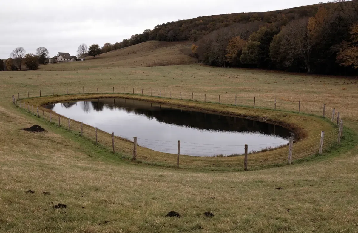 A fenced earthen residential sewage lagoon with grassed banks on rural farmland in Missouri, with a farmhouse on the hillside well beyond it