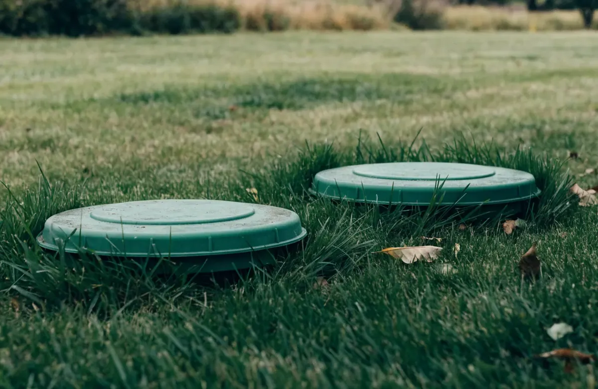Two green plastic septic access riser lids set flush in mown grass on a rural Missouri property