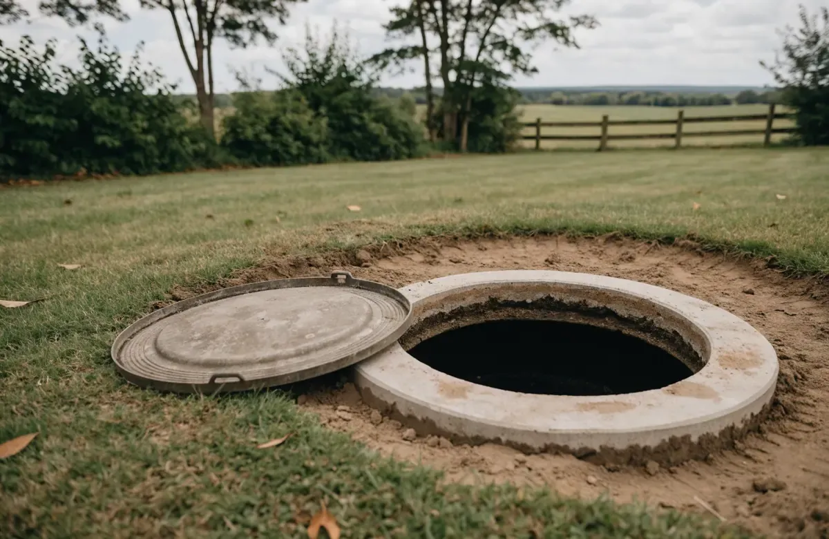 A concrete septic tank access riser in a Missouri lawn with its lid lifted off and resting on the grass beside the opening