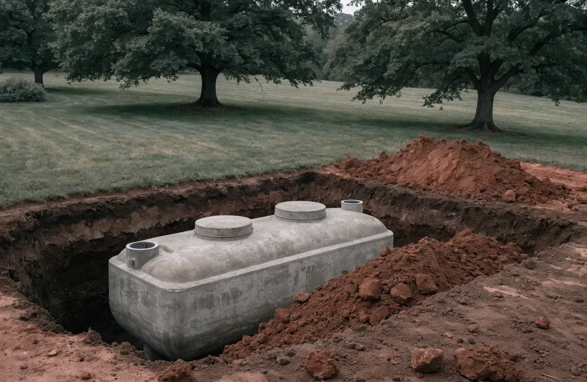A new concrete septic tank sitting in an open excavation beside piles of red clay spoil on a rural property in Missouri