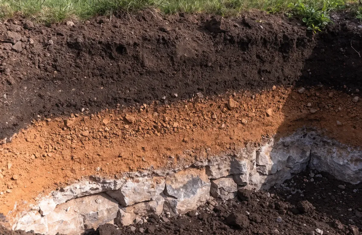 An open soil profile pit in Missouri showing dark topsoil over reddish cherty clay over pale fractured limestone bedrock